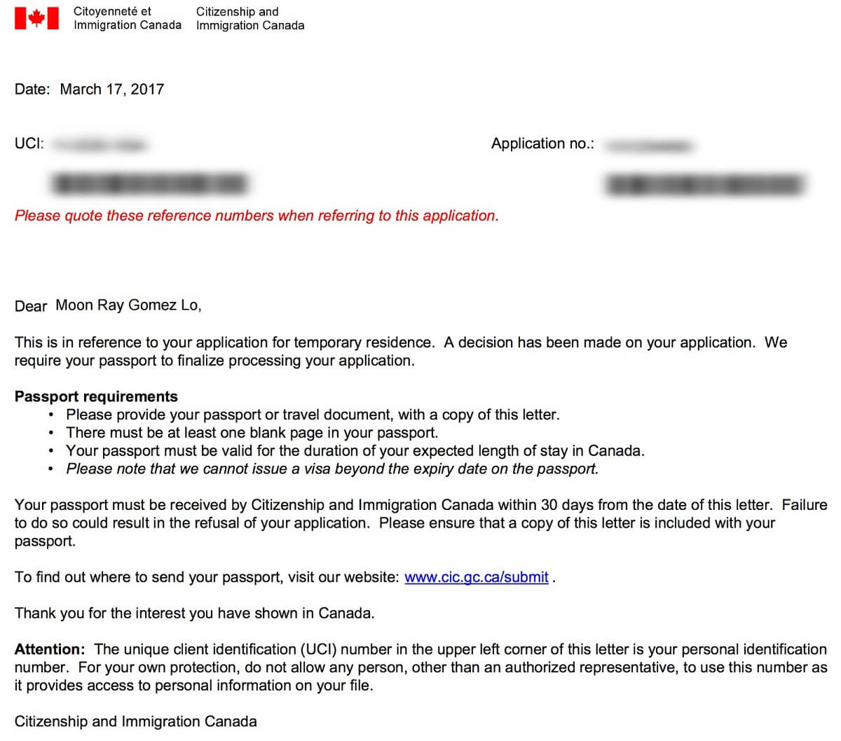 نمونه نامه قبولی ویزای کانادا