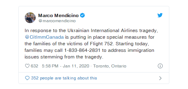 توییت وزیر مهاجرت کانادا - حمایت دولت کانادا از بازماندگان